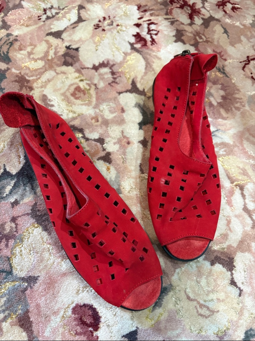 Women's Red Suede Peep-Toe Cutout Sandals